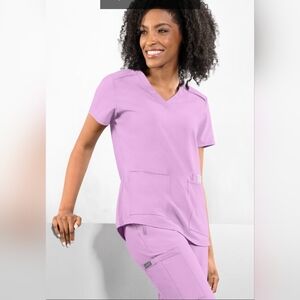 Med Couture Scrub Set V-Neck Short Sleeve Top And Tall Joggers- Light Purple